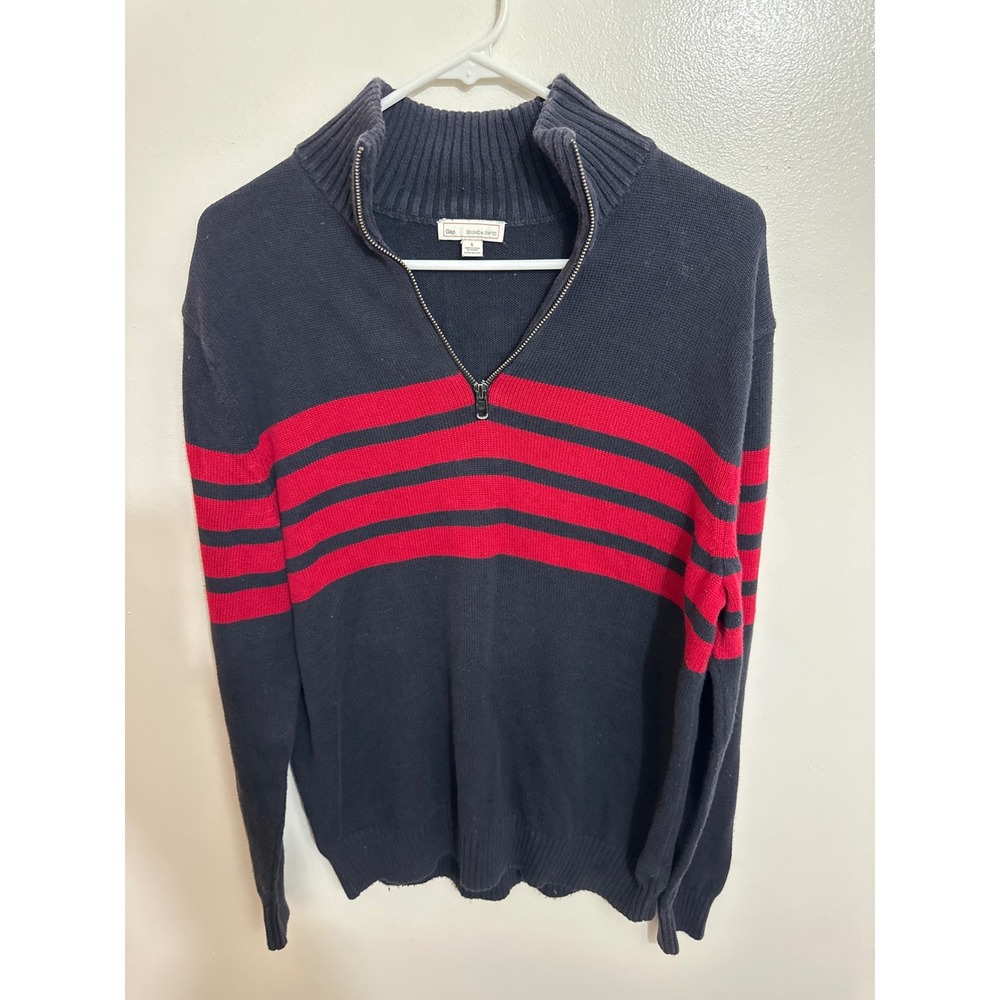 Gap Mens Large Navy Blue Red Striped Quarter Zip 100% Cotton Sweater RN54023